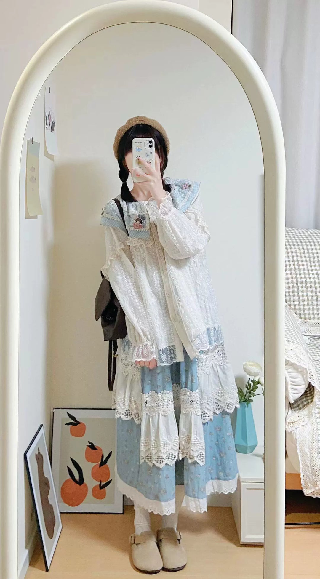 Mori Kei Blouse Blue Plaid Ruffle Lace Shirt Beige Top 39440:640524