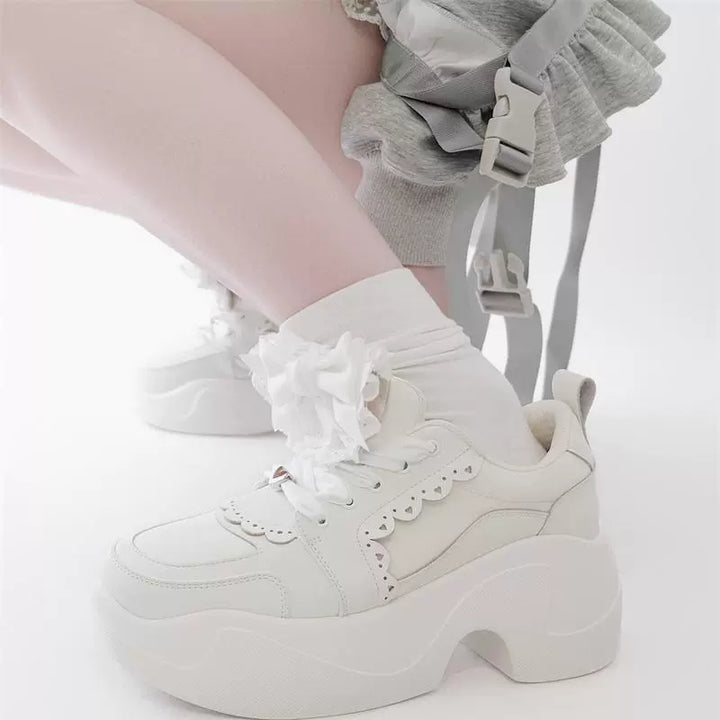 Jirai Kei Sneakers Platform Shoes With Lace Bow and Ruffle Trim 42161:729249