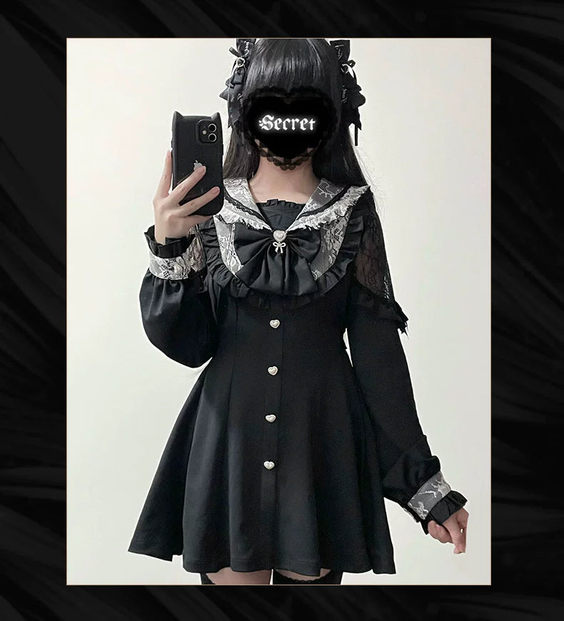 Black Jirai Kei Dress Set Lace Sailor Collar Dress Shorts – Honey