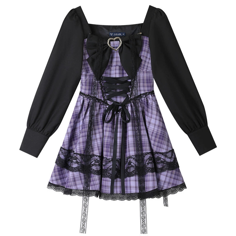 Jirai Kei Dress Puff Sleeves Purple Dress Heart Buckle Dress (L M S XL) 36418:570248