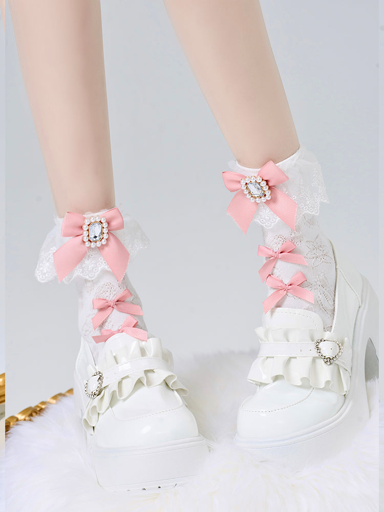 Jirai Kei Socks With Square Rhinestone Bows And Lace Trim 42251:733556