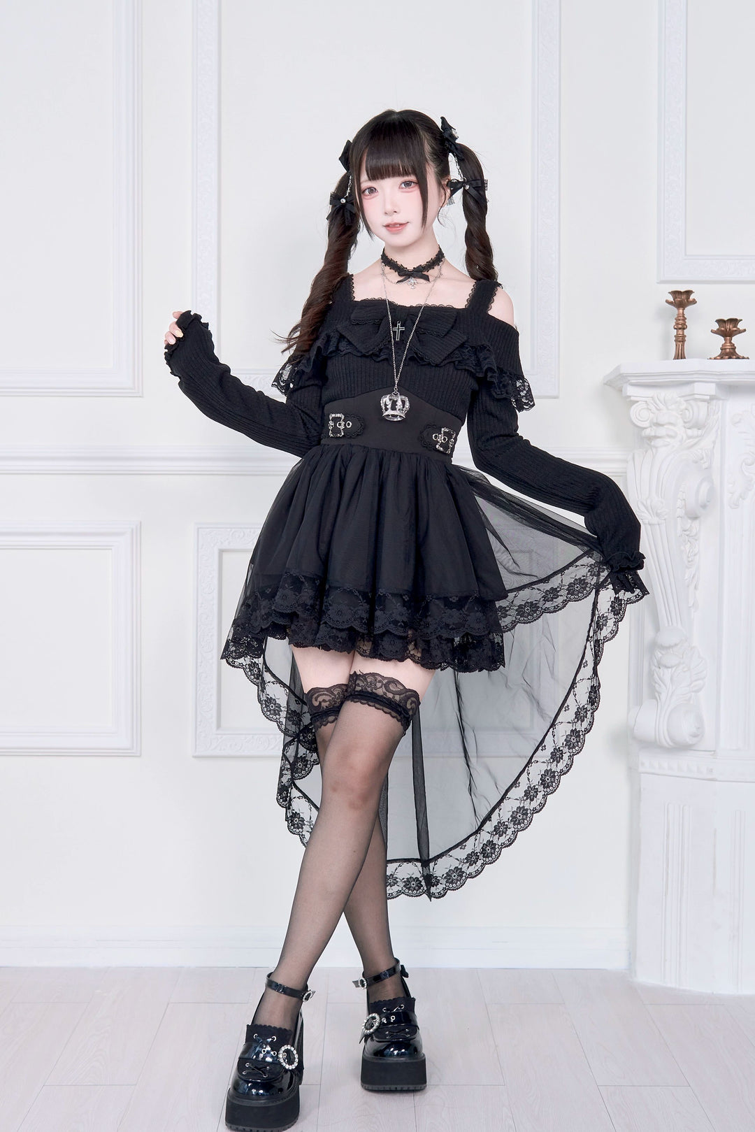 Faux Two-piece Jirai Kei Open Shoulder Dress (Black / L M) 43866:787842