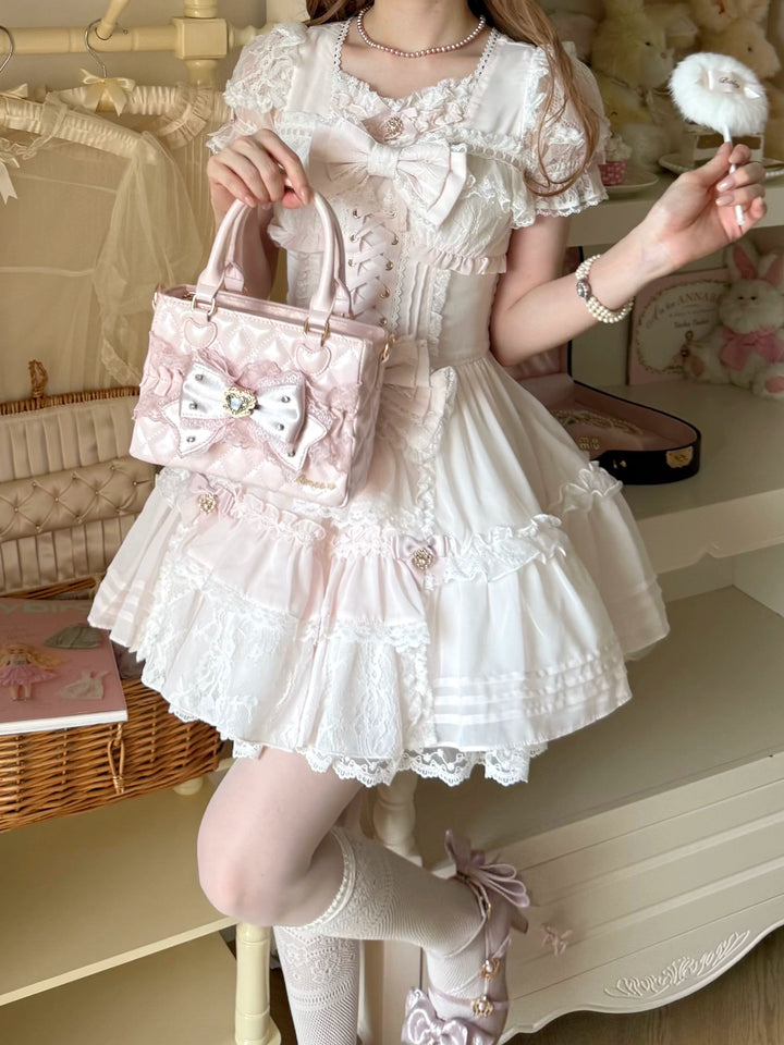 Ryousangata Square Handbag, Lace Bow & Diamond Quilting 45754:862830
