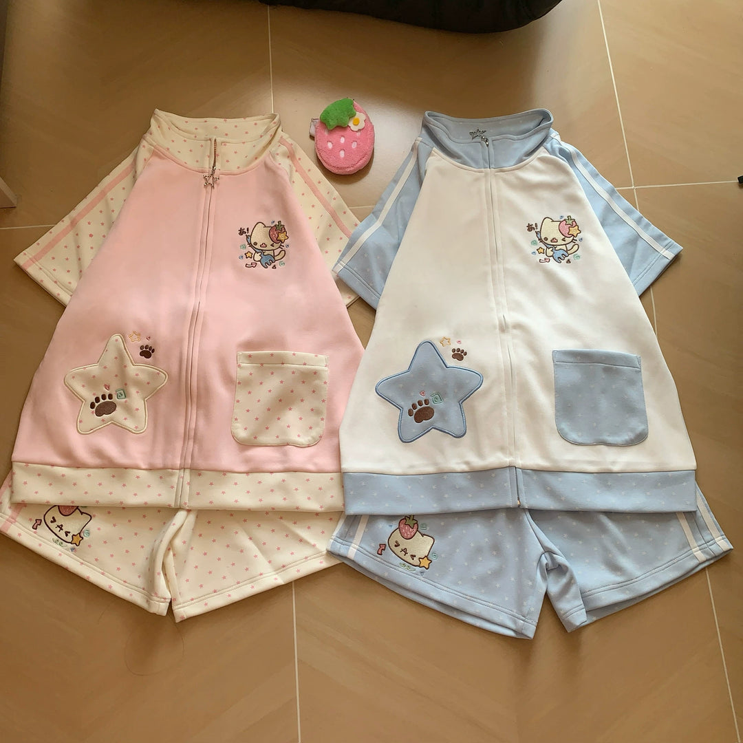 Kawaii Jacket and Shorts Set, Star & Cat Embroidery 45640:857456