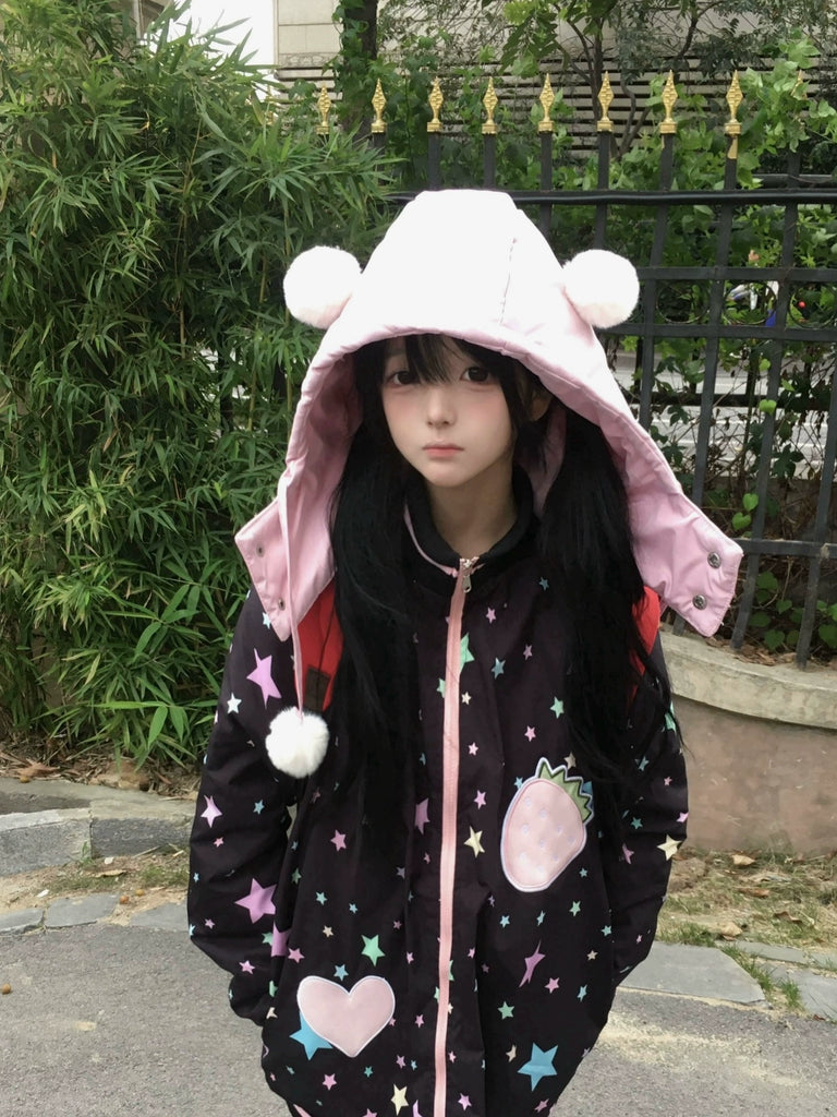 Kawaii Coat Black Pink Winter Coat Hooded Jacket Honey Wardrobe