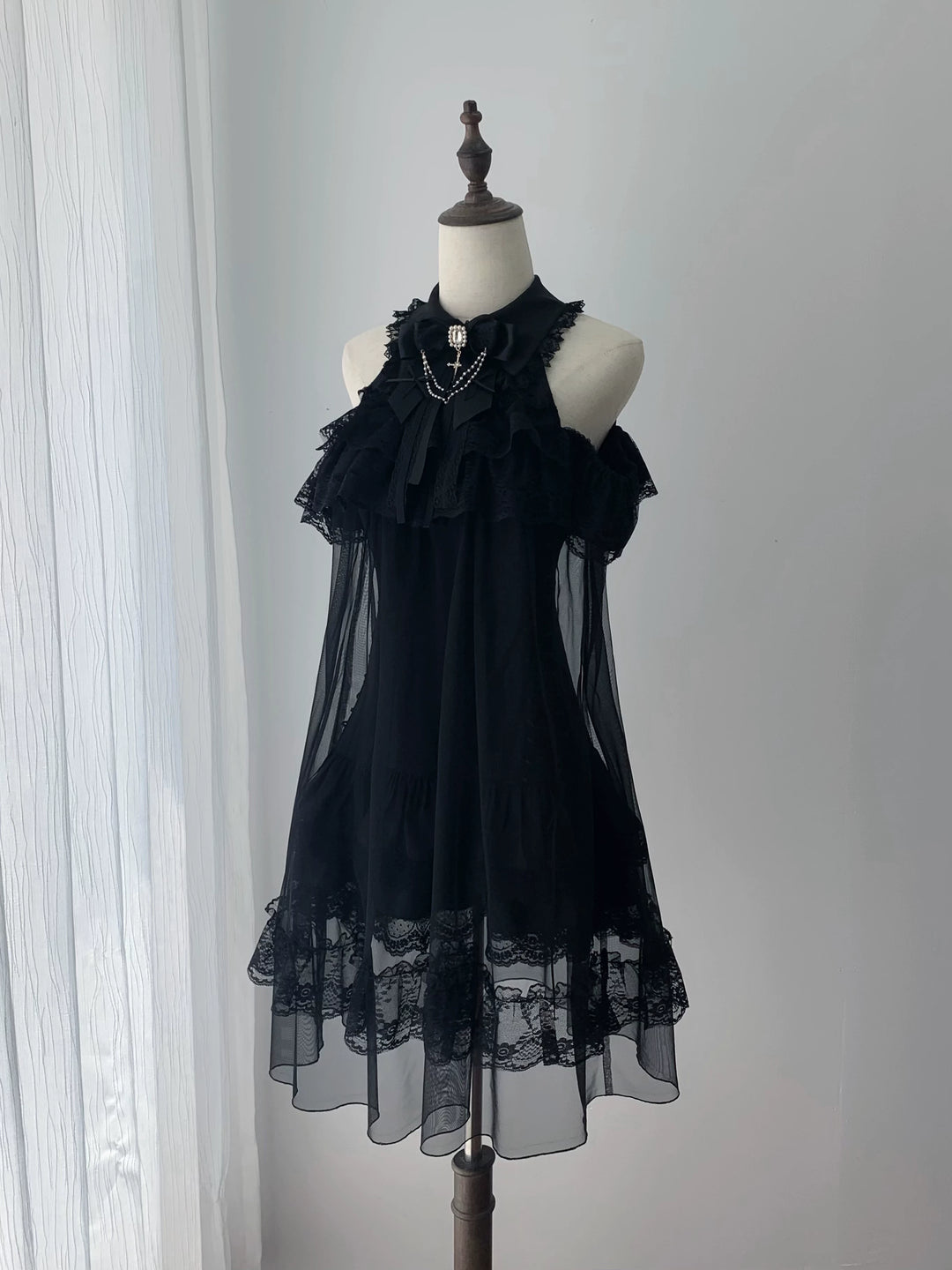 Seiso Kei Open Shoulder Dress, Black Tulle Overlay (L M S) 45555:854179