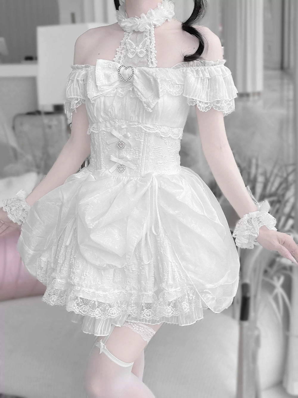 Black / White Jirai Kei Dress With Floral Lace & Halter Neck 43105:771118