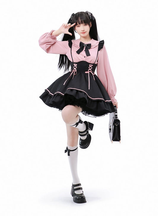 Jirai Kei Pink Blouse Black Lace Up Skirt Outfit Set 21964:351068