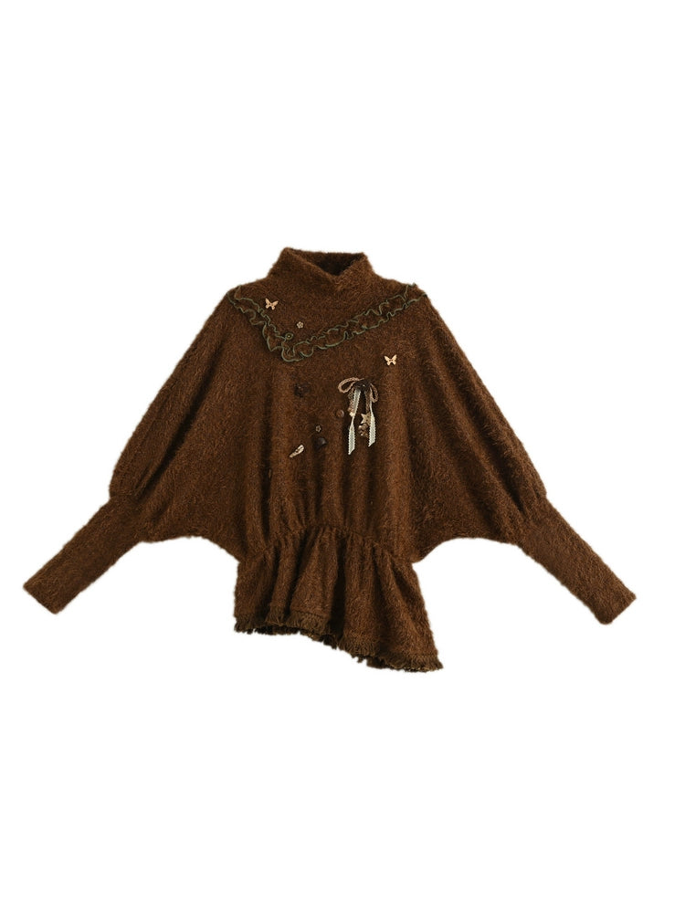 Mori Kei Stand-Collar Sweater, Irregular Plaid Skirt (L M S) 44214:803839