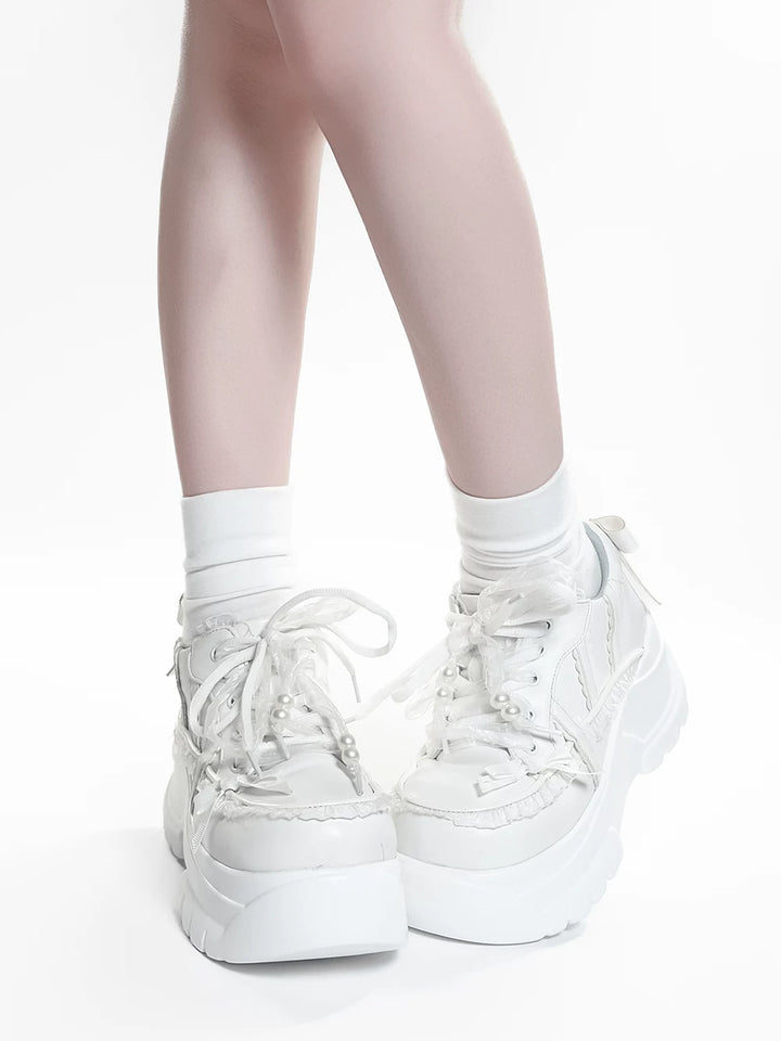 Jirai Kei High Platform Shoes, Lace Details (White / 35 36 37 38 39 40 41 42) 45748:861604