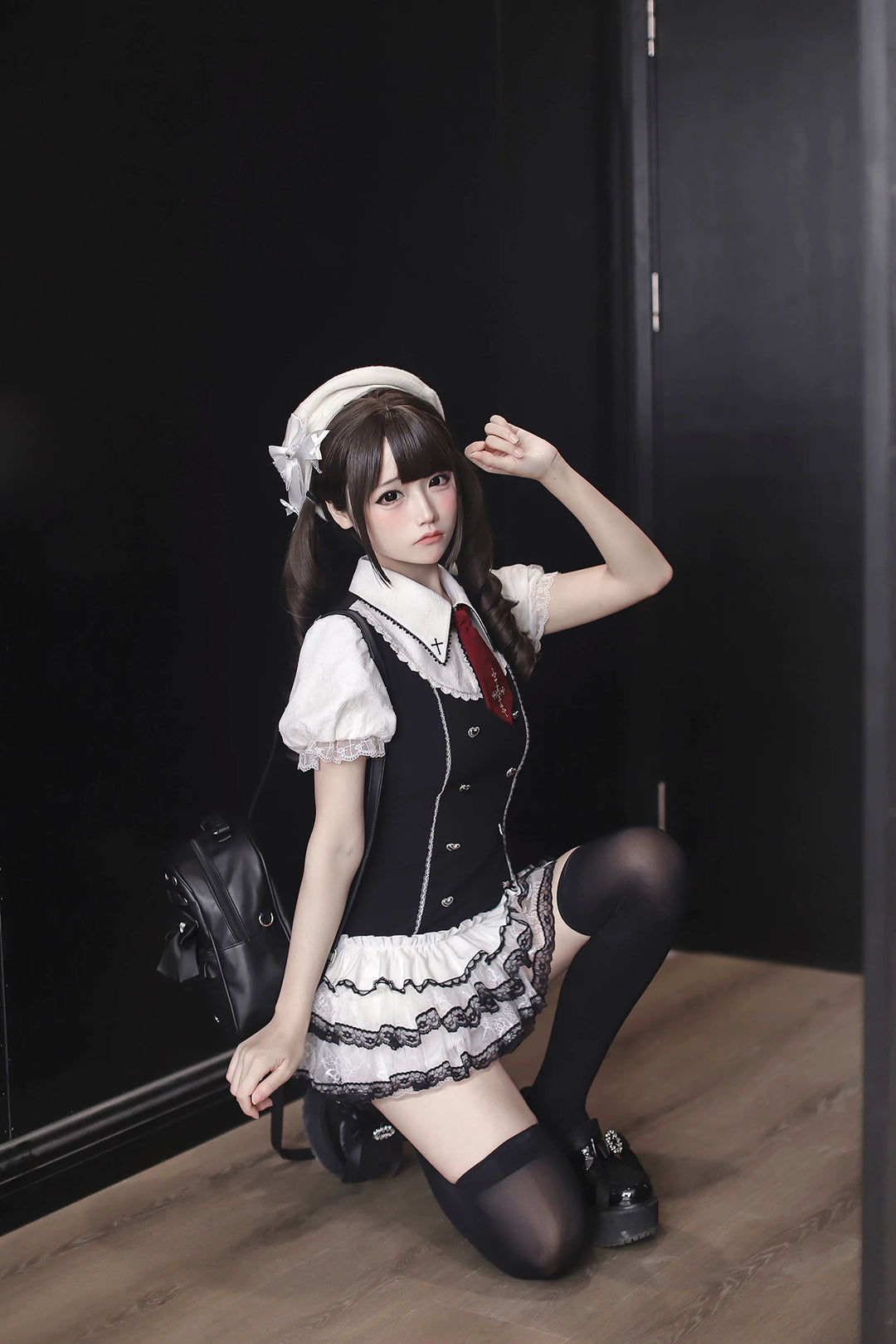 Preppy Style Low-Waist Dress Set, Cross Details 44746:823821