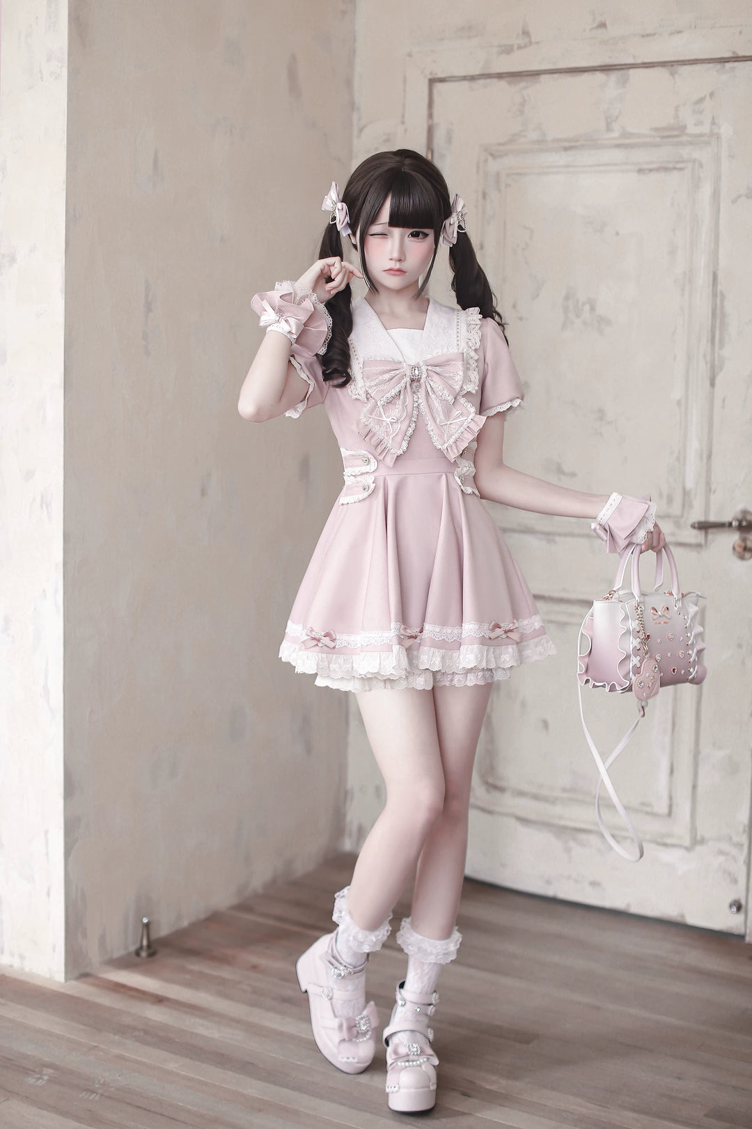 Pink High-waist Ryousangata Dress, Sailor Collar 44781:829319
