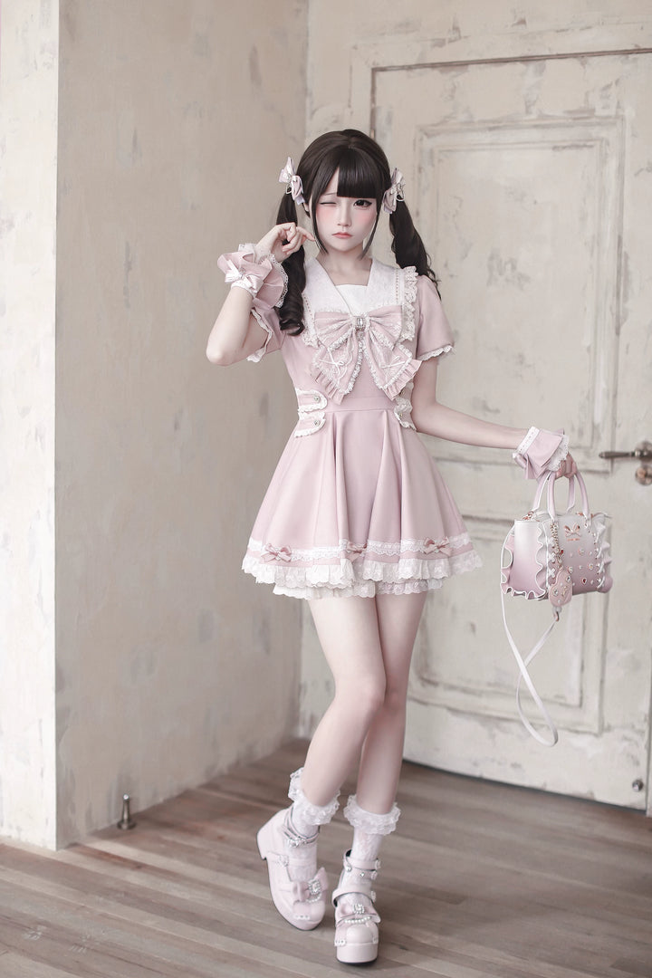 Pink High-waist Ryousangata Dress, Sailor Collar 44781:829319