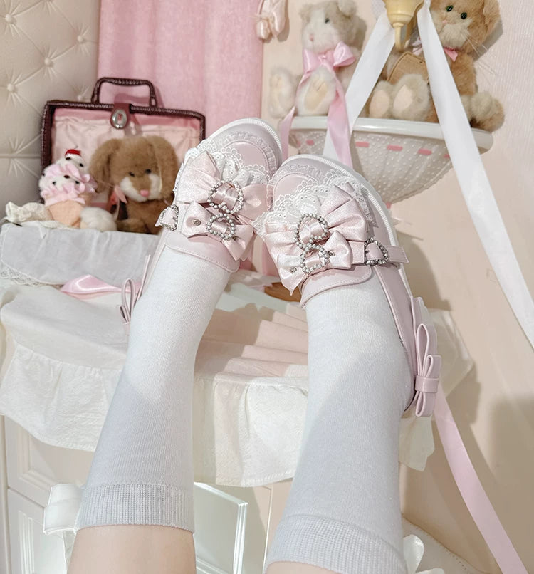 Jirai Kei Chunky Heel Slip-on Shoes, Bows and Pearls 45868:866949