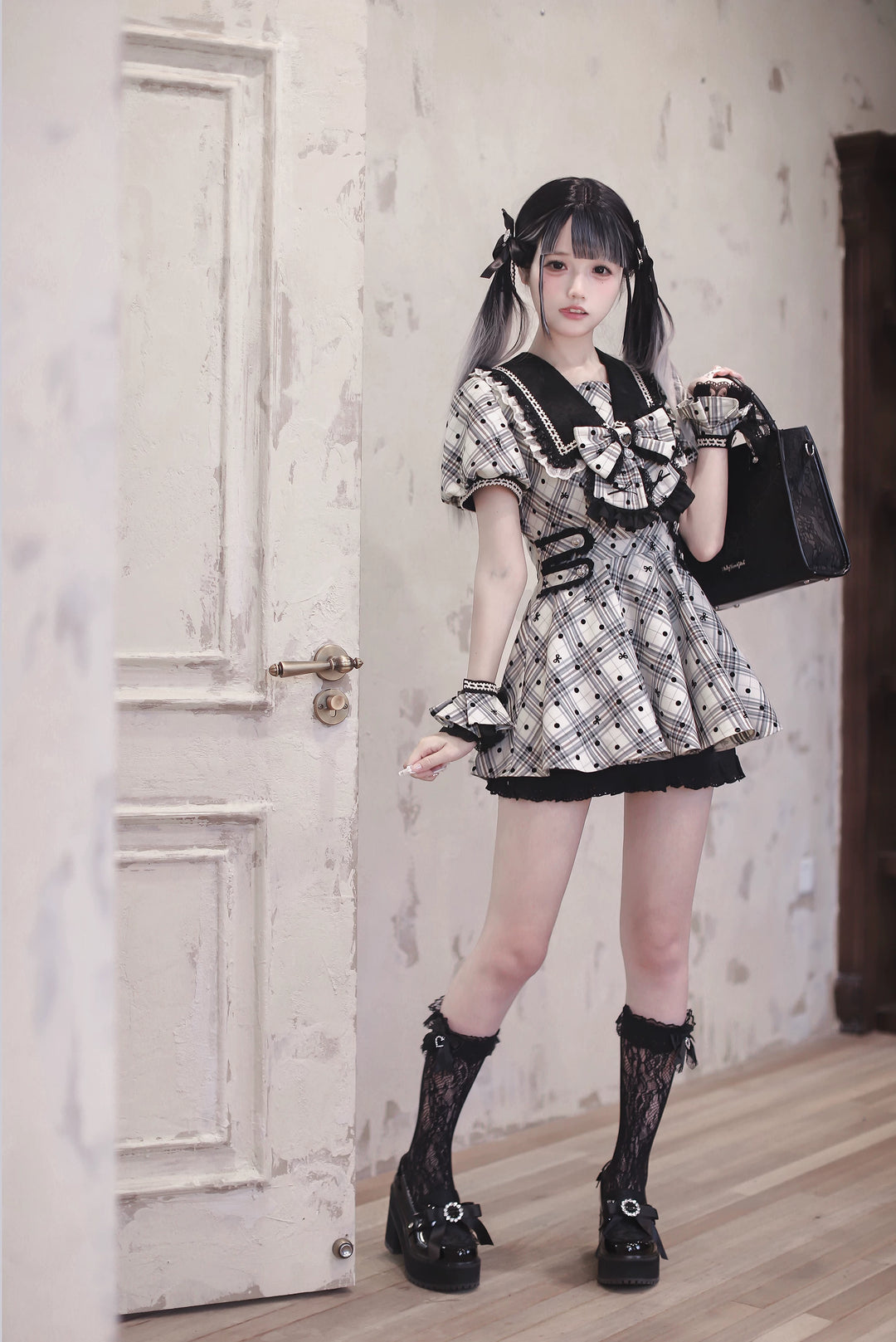 Cotton Lining Jirai Kei Dress, Plaid & Polka Dot Style 44924:829904