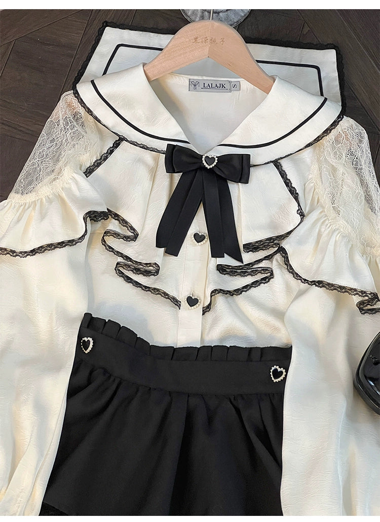 Jirai Kei Skirt Set Sailor Collar Blouse Flounce Hem Skirt (S) 38158:644090