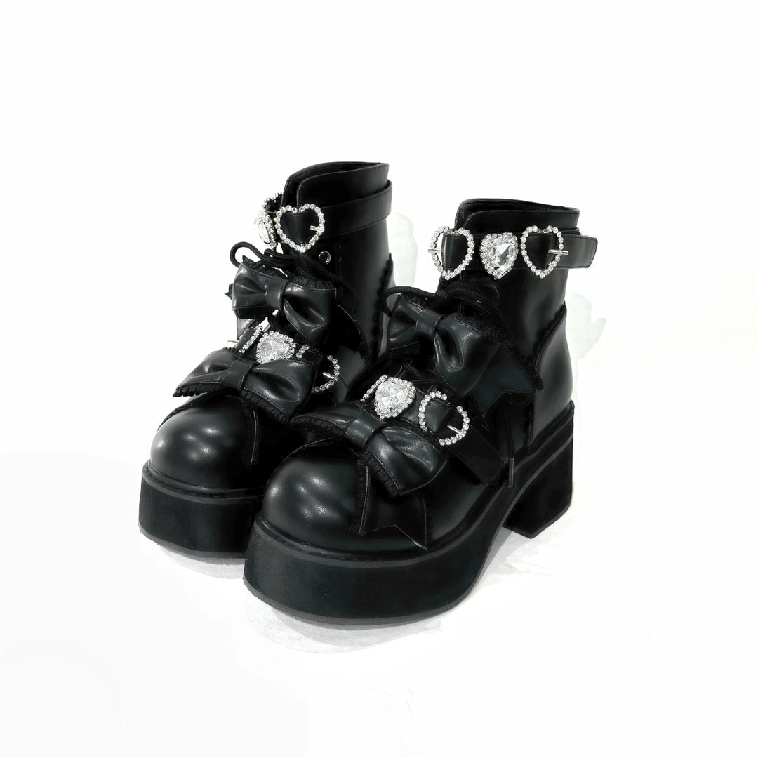 Jirai Kei Heeled Ankle Boots, Heart Rhinestone & Bows (35 36 37 38 39 40 41) 45865:873159