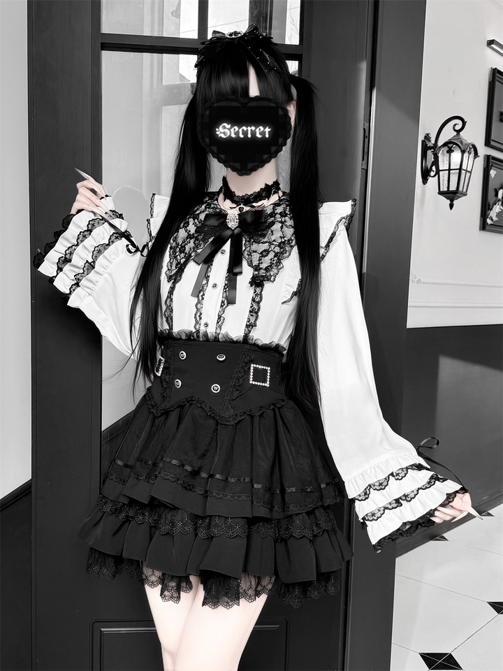 Jirai Kei Lace Blouse, High-Waist Tiered Skirt (2XL L M S XL) 44525:811408