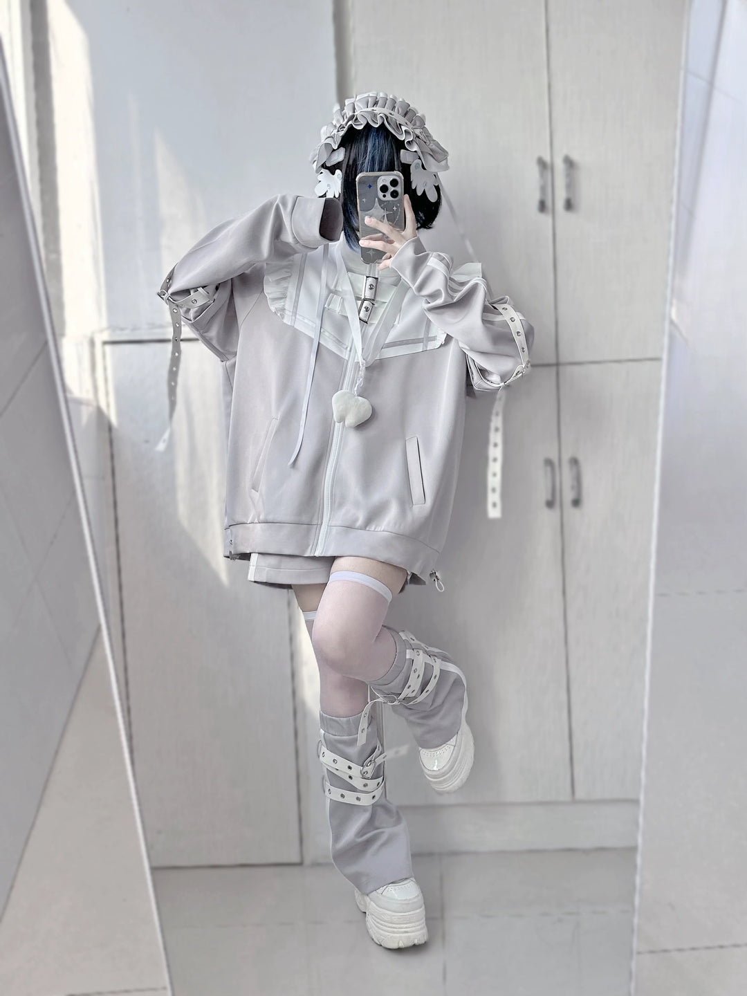 Tenshi Kaiwai Outfits Set Gray Black Jacket And Shorts Set 35728:502662