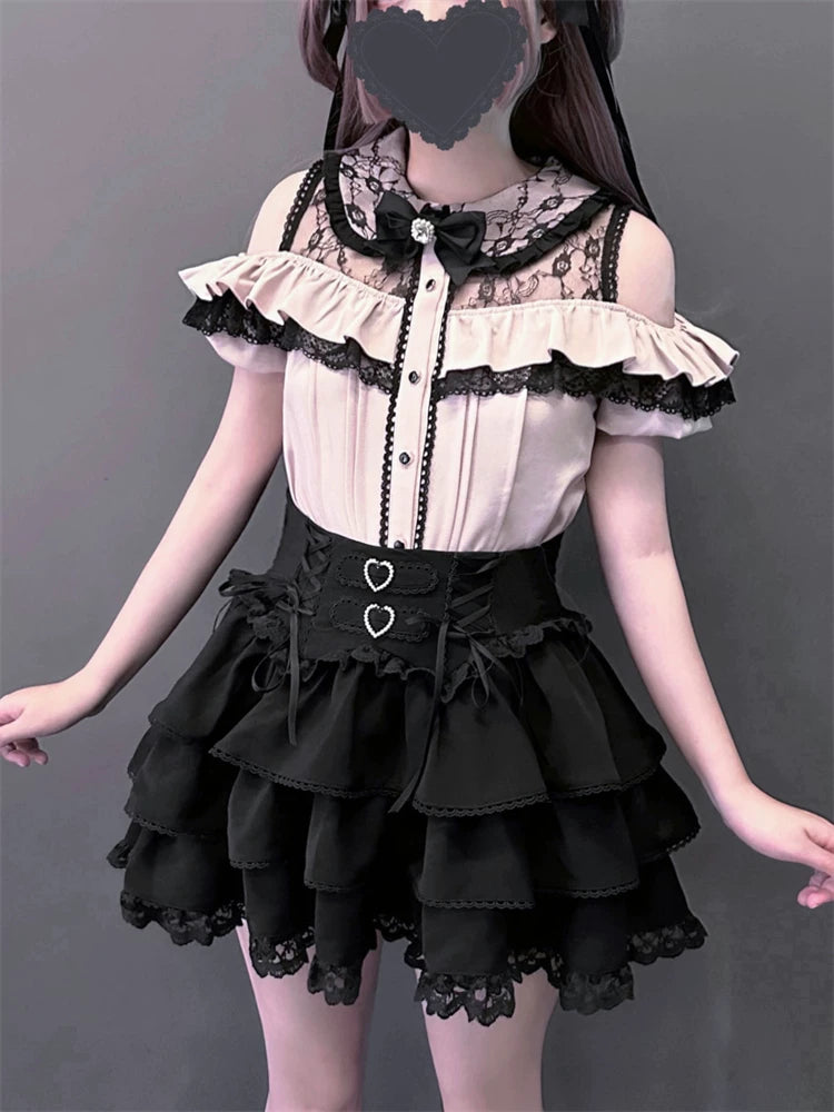 Jirai Kei Off Shoulder Blouse, Tiered Skirt 45584:856520