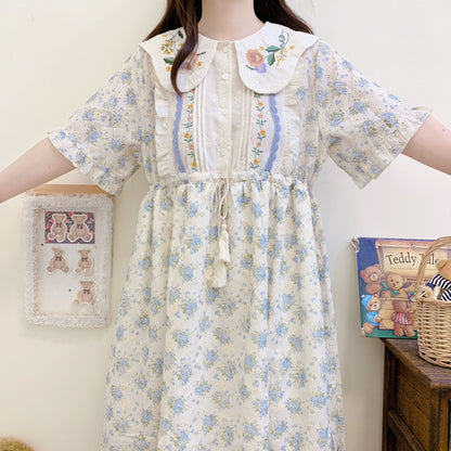 Cottagecore Dress Mori Kei Dress Blue Floral Dress 36236:526670