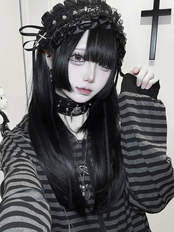 Gothic Striped Zip-Up Hoodie, Cotton for Summer 45270:844641