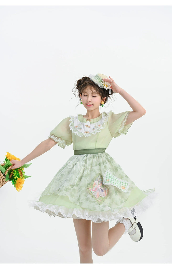 Cottagecore Dress Green Patchwork Lace Lolita Dress 35906:568366