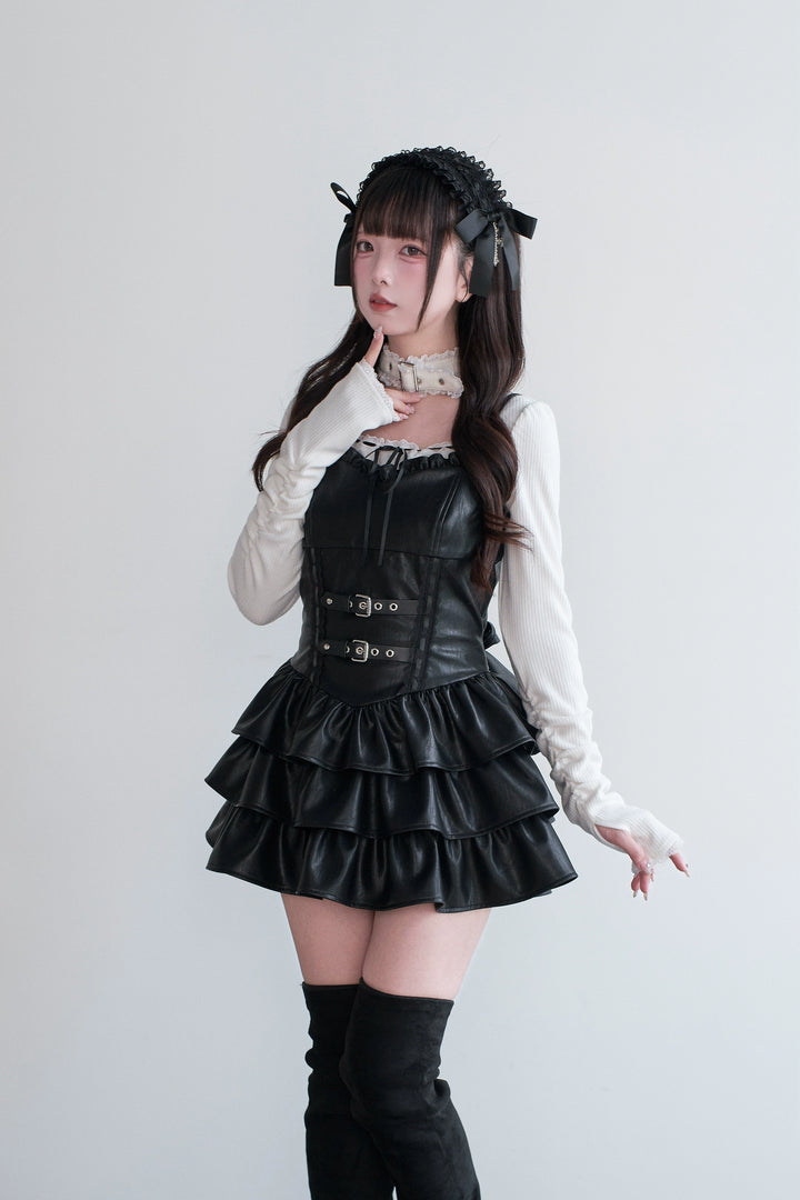 Jirai Kei Strappy Mini Dress, Tiered Ruffles 44328:805455