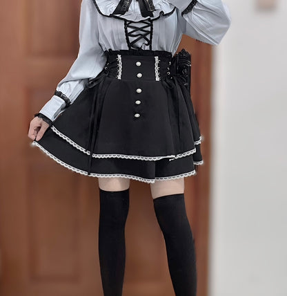 Jirai Kei Pearl Lace Up Butterfly Bow Black Skirt 21738:311048