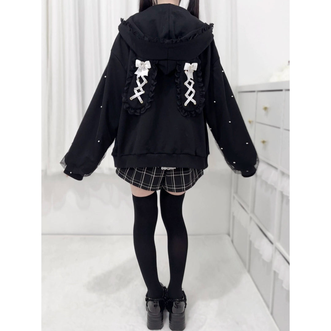 Plus Size Jirai Kei Coat Hooded Jacket With Bow And Pearl 39878:638222