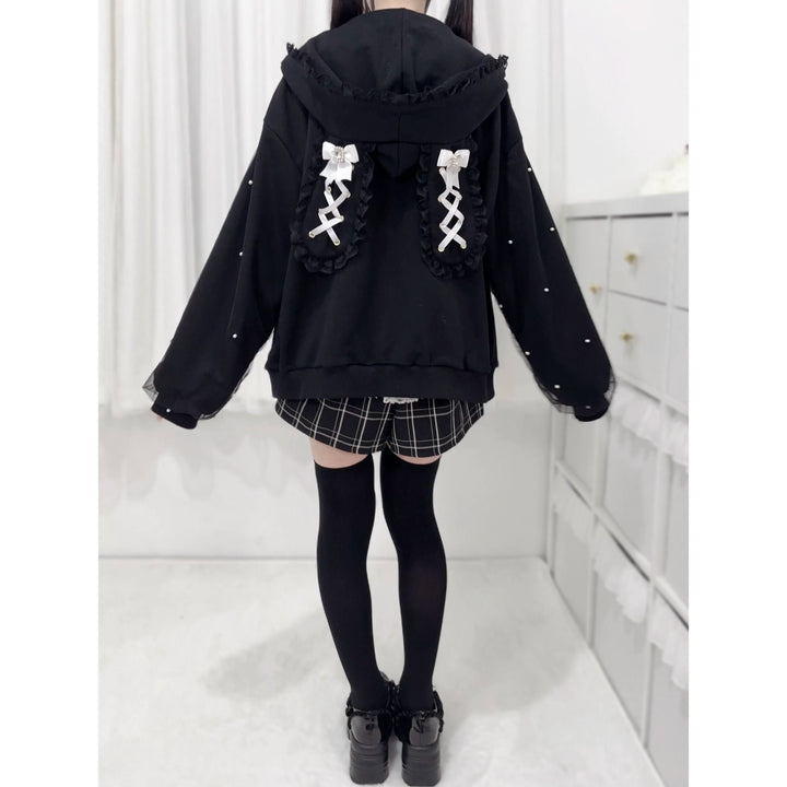 Plus Size Jirai Kei Coat Hooded Jacket With Bow And Pearl 39878:638222