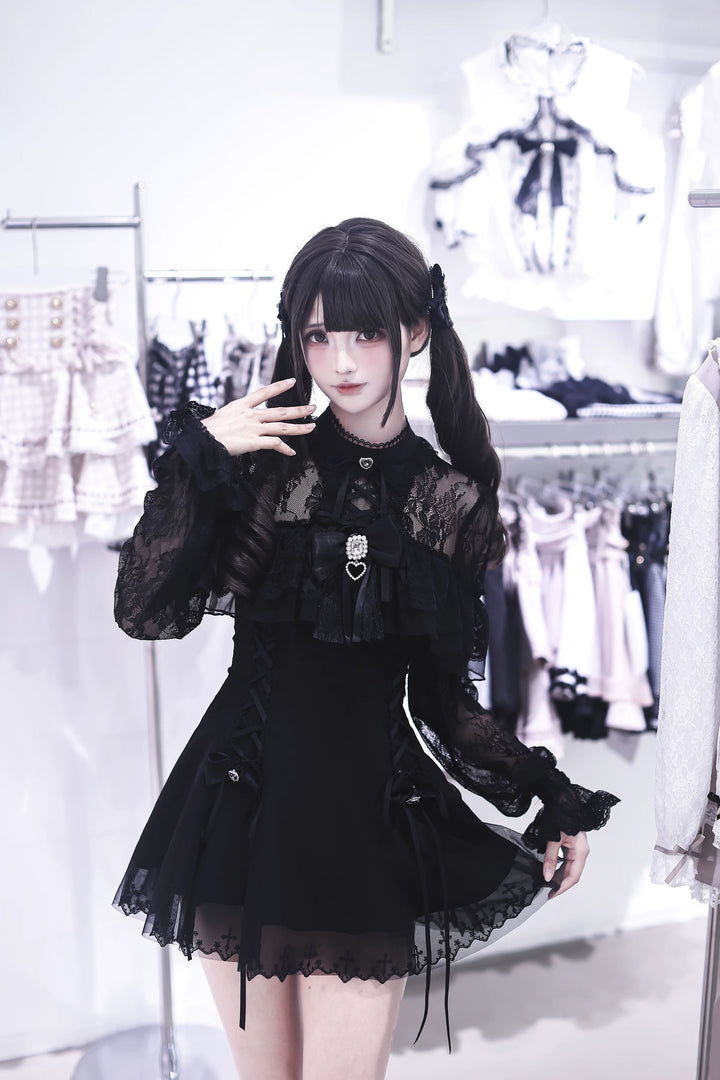 Black Jirai Kei Lace Dress, Cross-detail Hem 45837:864824