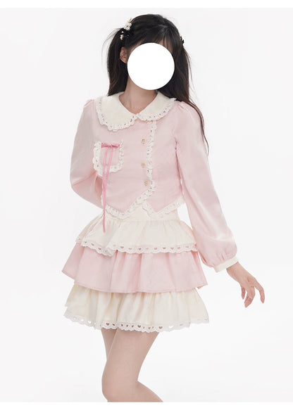 Kawaii Pink Outfit Set Sweet Tiered Skirt Set 37546:576762