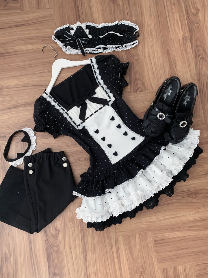 Old School Style Polka Dot Dress, Heart Button Decoration 45455:850837