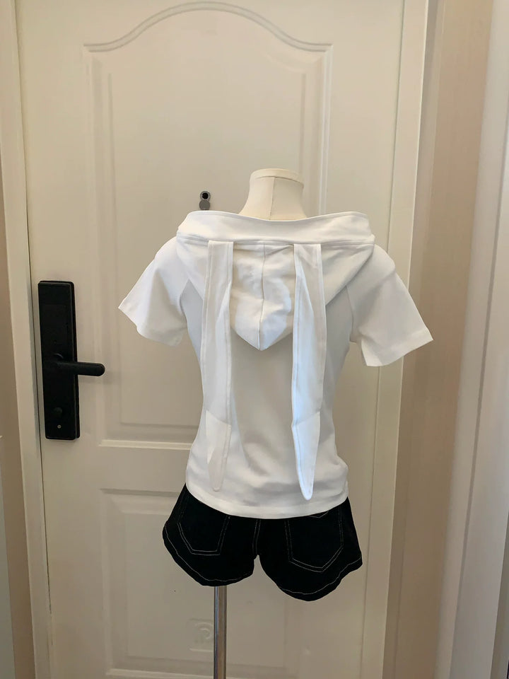 Kawaii Short Sleeve T-shirt, Bunny Ear Hooded Design 45642:856616