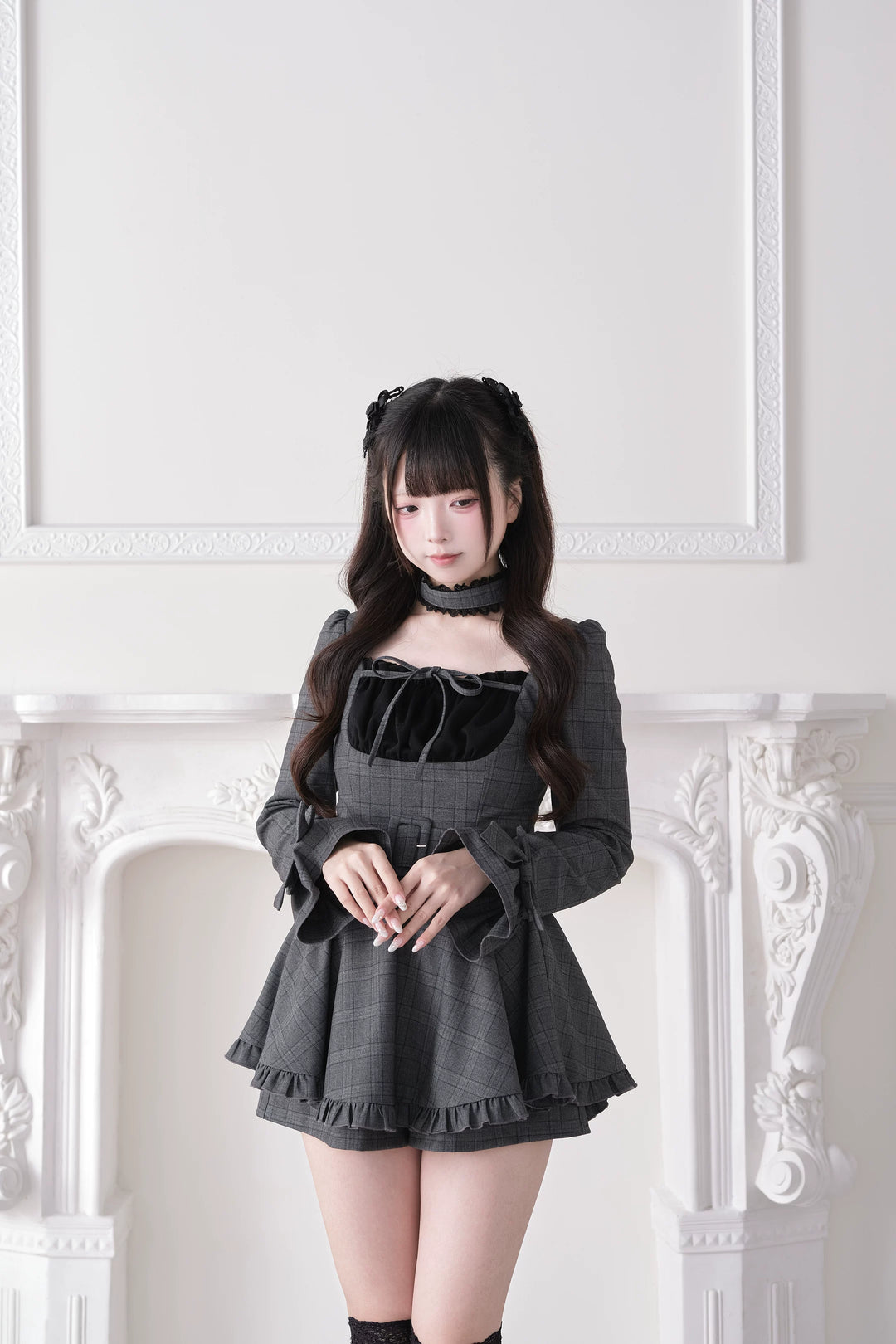 Jirai Kei Plaid Dress and Shorts Set, Lace Trim Choker 44689:819265