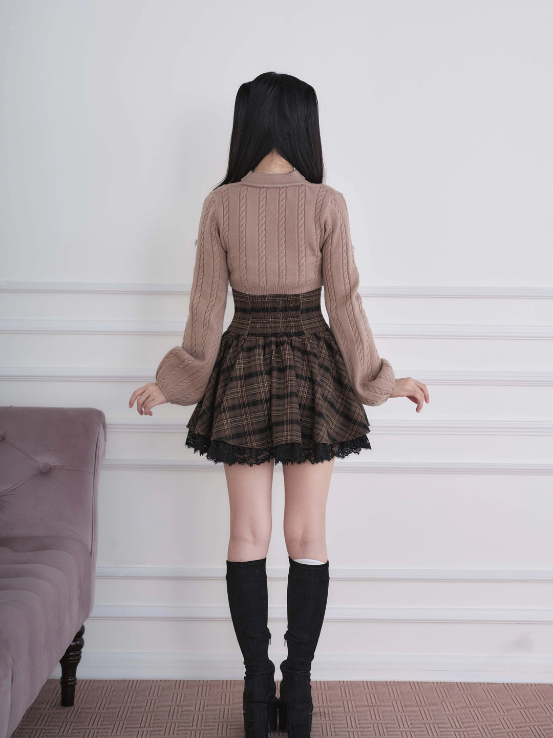 Ryousangata Plaid Dress & Knit Sweater Set, Choker-Neck 46032:873340