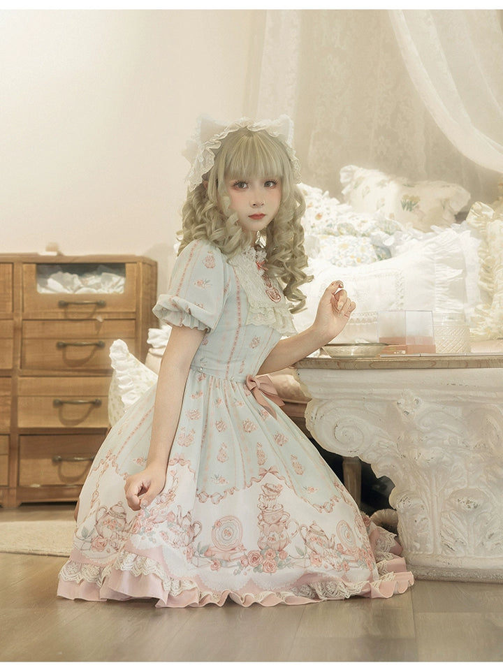 Classic Lolita Dress With Short Sleeve And Floral Tea Pot Print Multicolor 37134:552446