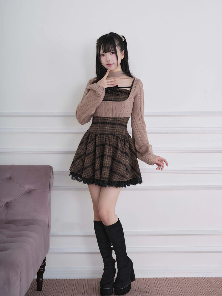 Ryousangata Plaid Dress & Knit Sweater Set, Choker-Neck 46032:873325
