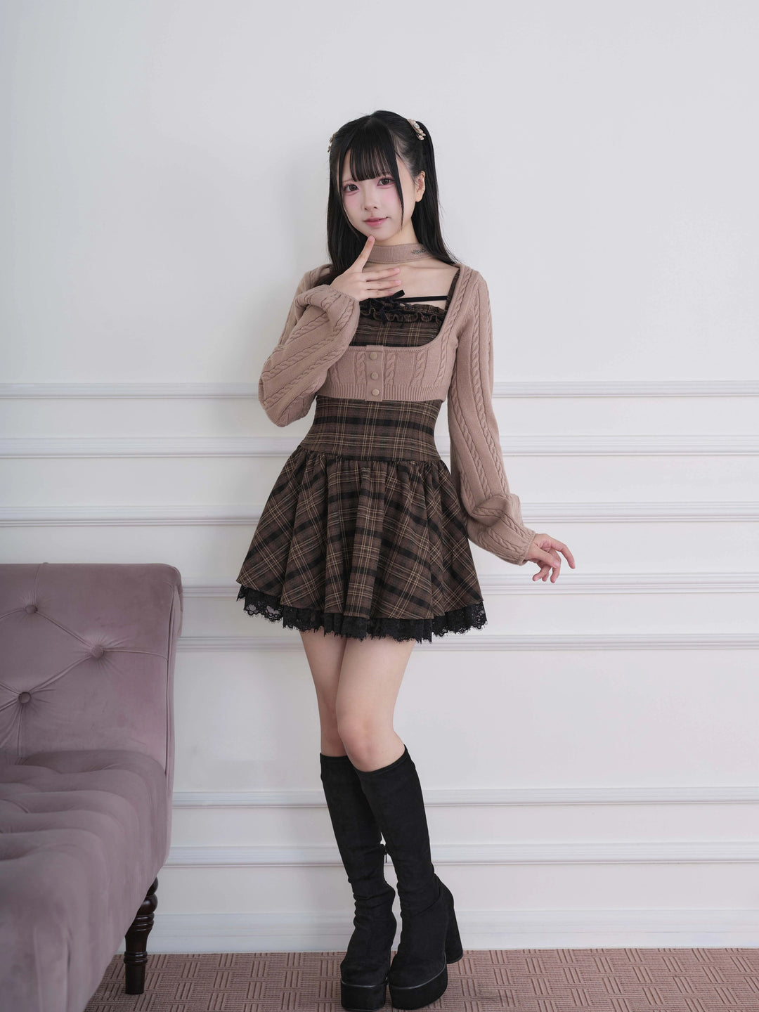 Ryousangata Plaid Dress & Knit Sweater Set, Choker-Neck 46032:873318