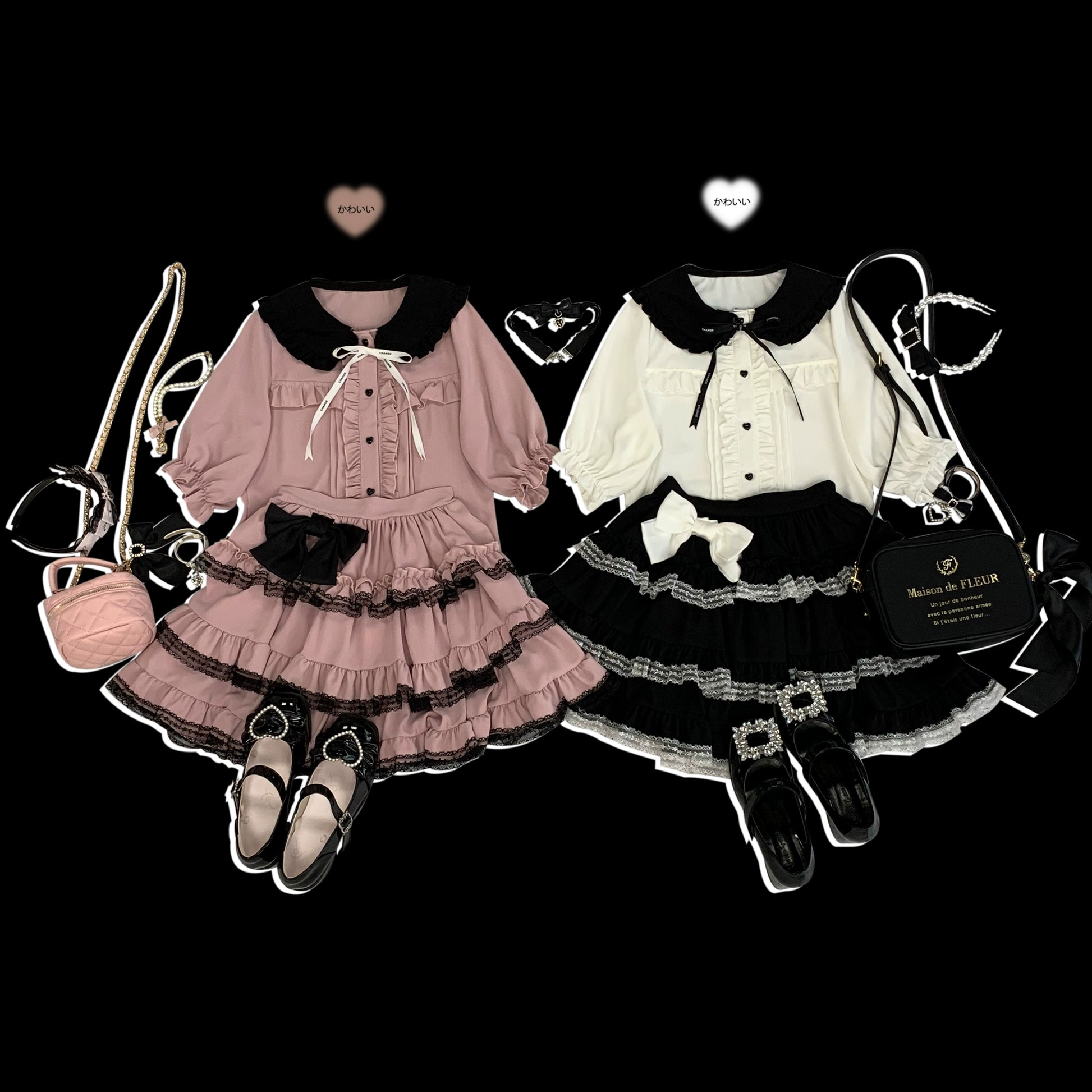 Jirai Kei Black And Pink Tiered Lace Skirt 21798:318508