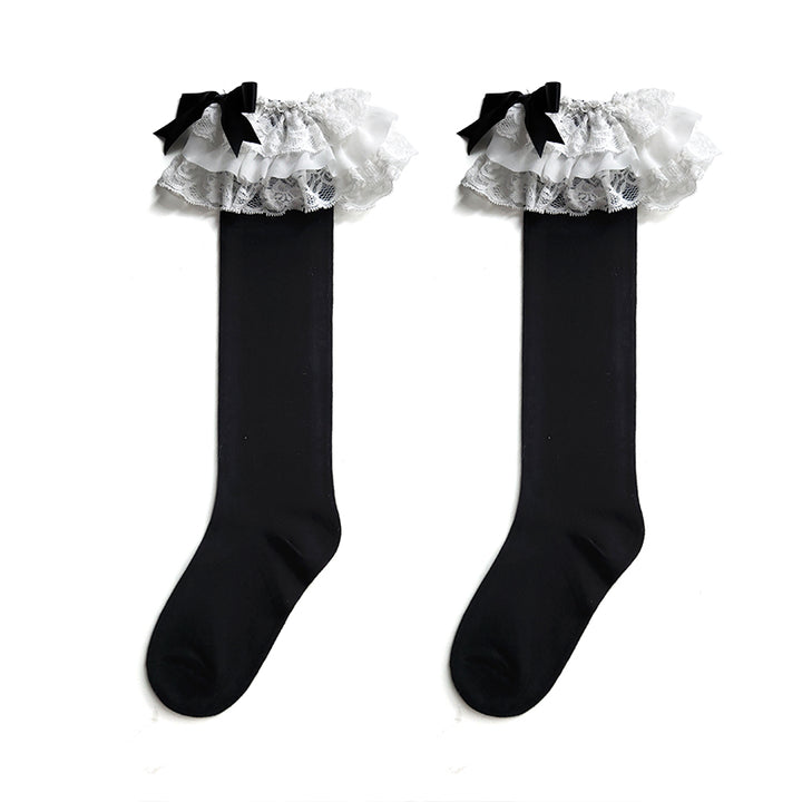 Lolita Socks Layers Lace Frill Cotton Mid-Calf Socks With Bows 42243:733474