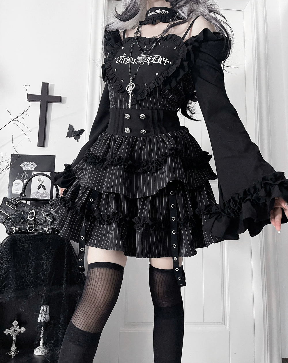 Subculture Off-Shoulder Dress, Tiered Ruffles (Striped / L M S) 43873:789405
