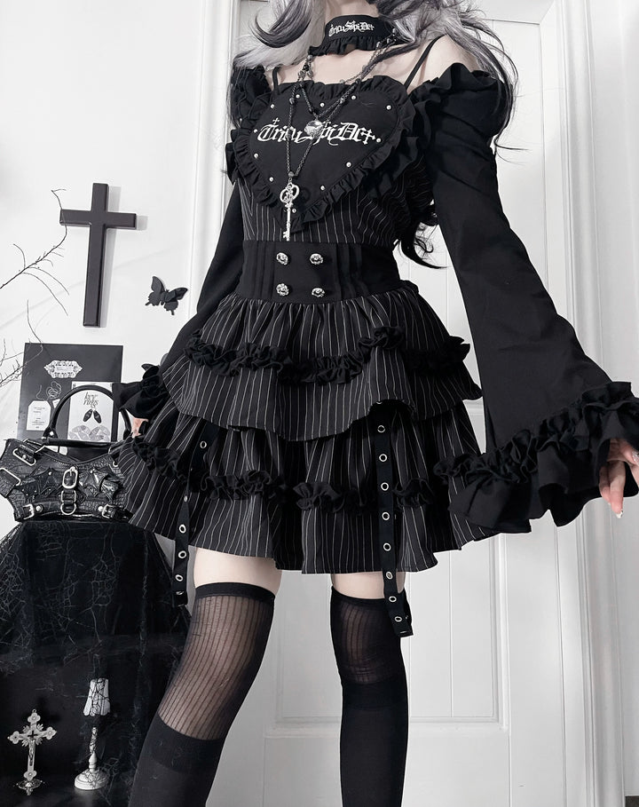 Subculture Off-Shoulder Dress, Tiered Ruffles (Striped / L M S) 43873:789405