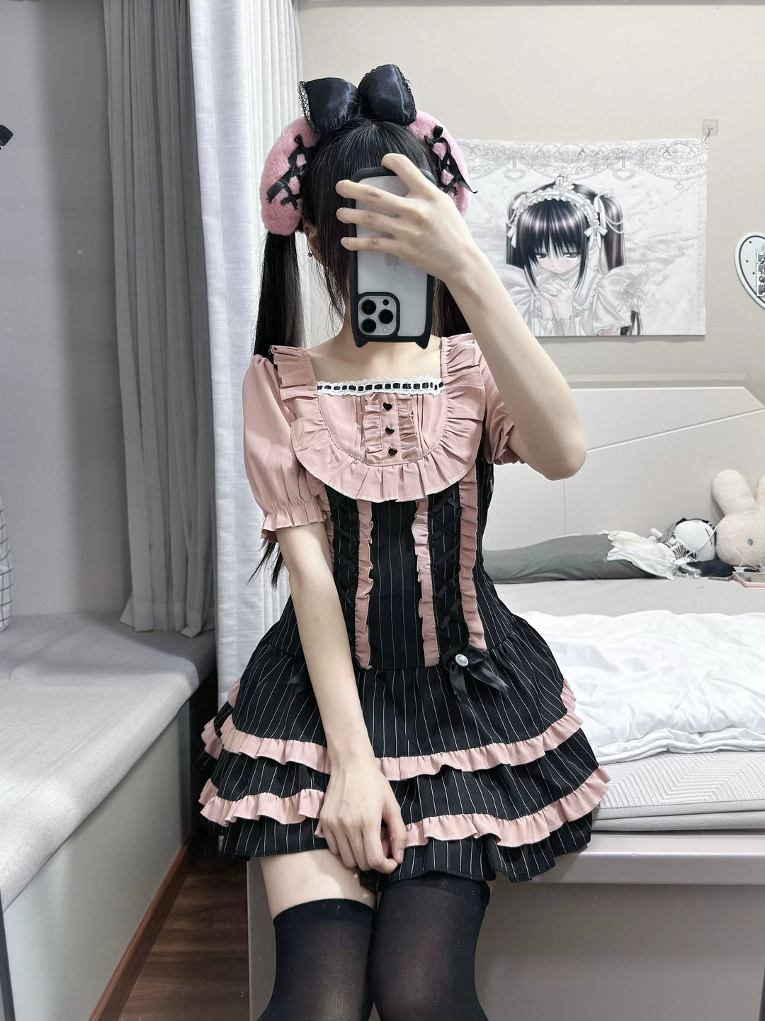 Jirai Kei Low Waist Striped Dress, Detachable Hem Bows 45831:864458