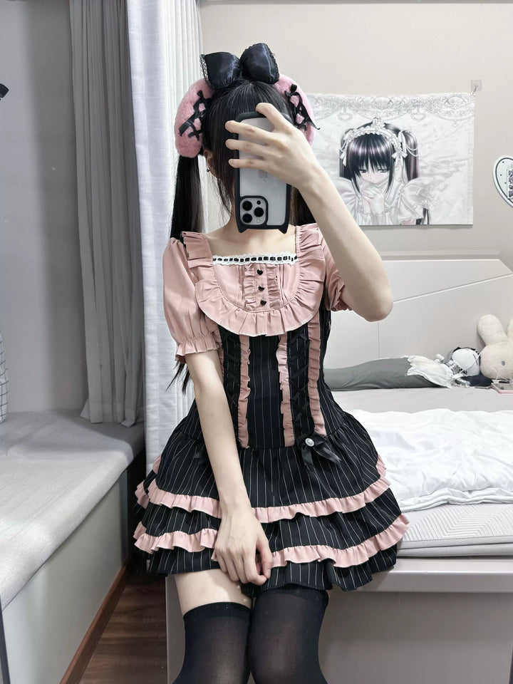 Jirai Kei Low Waist Striped Dress, Detachable Hem Bows 45831:864458
