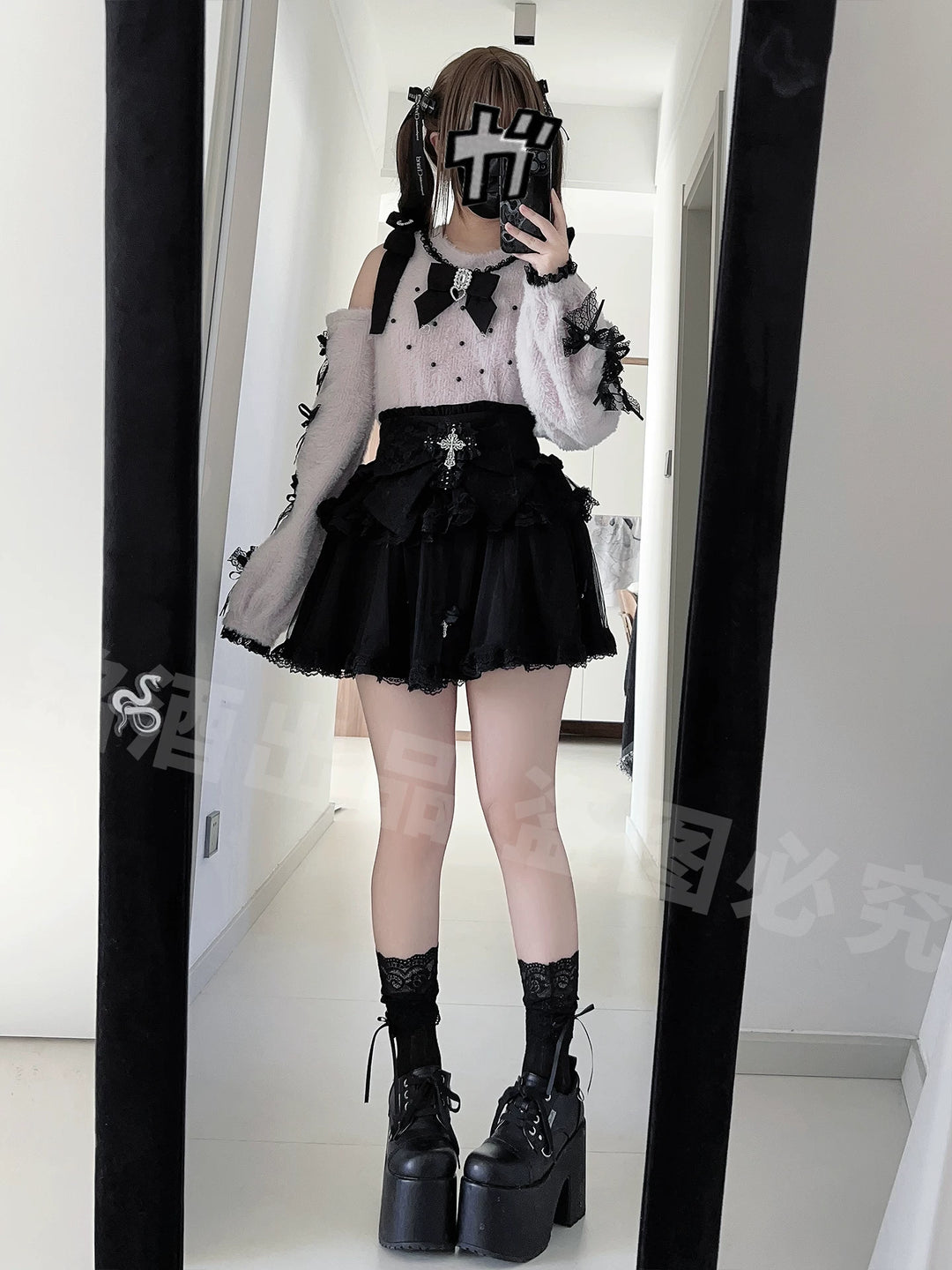 Jirai Kei Open Shoulder Plush Sweater, Tiered Skirt 44565:812981