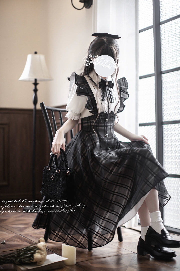 Black Jirai Kei Plaid Suspender Skirt Set with White Blouse 42918:760660