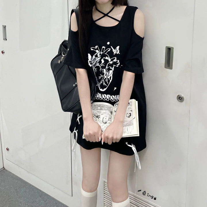 Jirai Kei Shirt Off-Shoulder Short Sleeve T-shirt 35530:495436