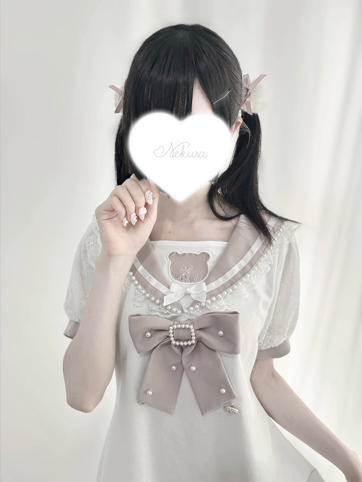 Jirai Kei Dress Sailor Collar Pearl Lace Dress 37656:606516